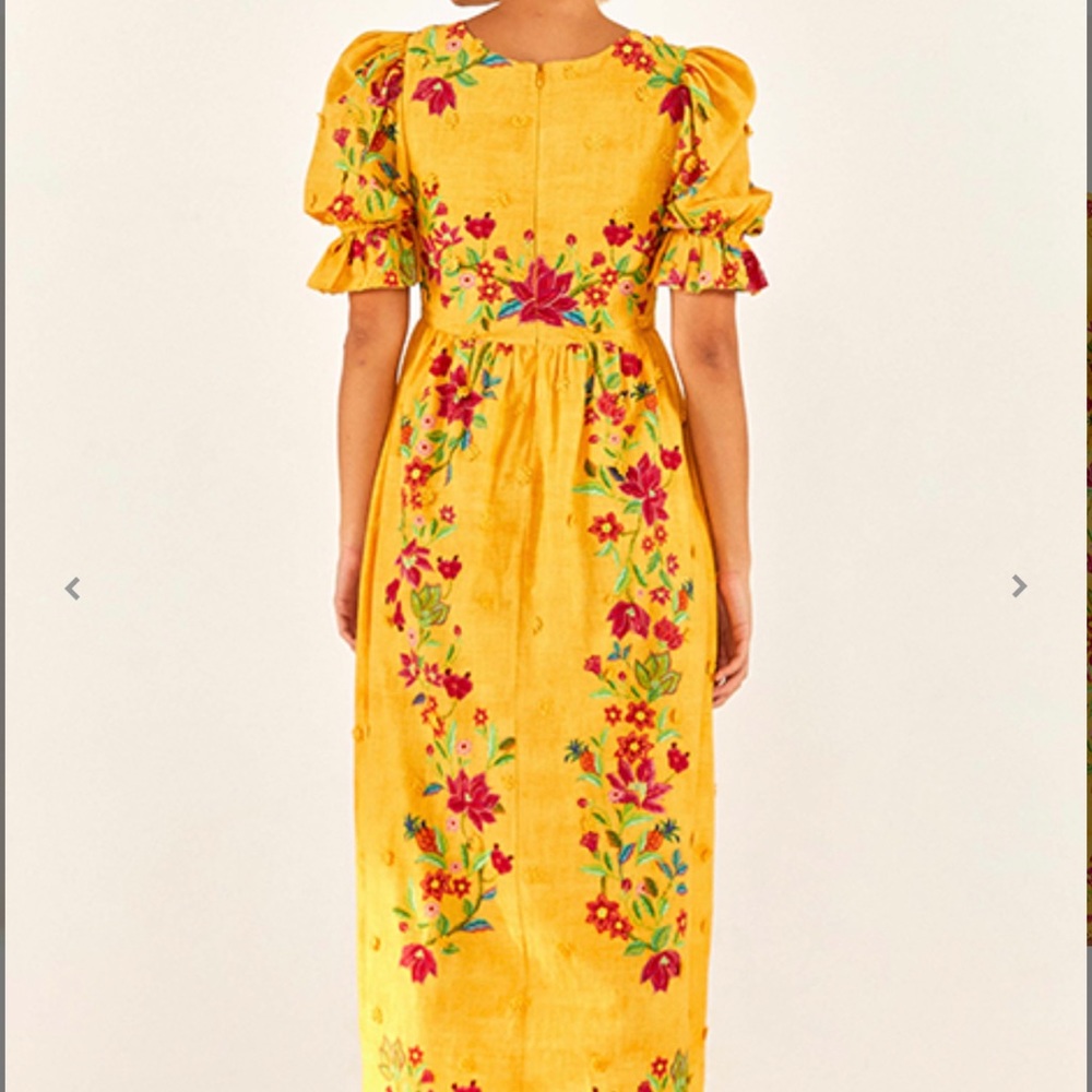 FARM Rio Yellow Floral Midi Dress with Pink & Green Embroidery - Picture 2 of 8